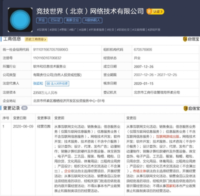 竞技世界(北京)网络技术经营范围变更，拓展互联网游戏出版业务